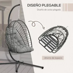 Silla Colgante Plegable con Soporte y 2 Cojines Carga 100 kg para Interior y Exterior en Acabado de Ratán PE Gri... - Ogal.Es