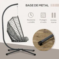 Silla Colgante Plegable con Soporte y 2 Cojines Carga 100 kg para Interior y Exterior en Acabado de Ratán PE Gri... - Ogal.Es