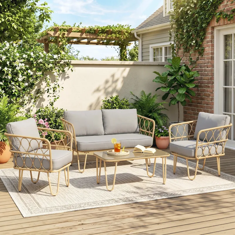 Conjunto de Jardín de Ratán Sintético con Sofá Doble 2 Sillones y Mesa de Centro con Encimera de Cristal y Cojines - Ogal.Es