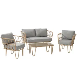 Conjunto de Jardín de Ratán Sintético con Sofá Doble 2 Sillones y Mesa de Centro con Encimera de Cristal y Cojines - Ogal.Es