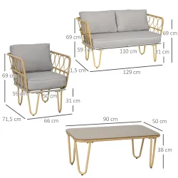 Conjunto de Jardín de Ratán Sintético con Sofá Doble 2 Sillones y Mesa de Centro con Encimera de Cristal y Cojines - Ogal.Es