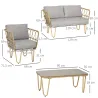 Conjunto de Jardín de Ratán Sintético con Sofá Doble 2 Sillones y Mesa de Centro con Encimera de Cristal y Cojines - Ogal.Es