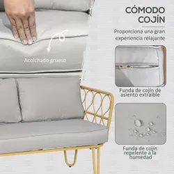 Conjunto de Jardín de Ratán Sintético con Sofá Doble 2 Sillones y Mesa de Centro con Encimera de Cristal y Cojines - Ogal.Es