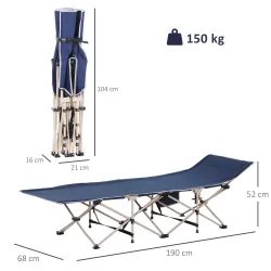 Cama de Acampada con 1 Bolsillo Lateral Bolsa de Transporte y Marco de Acero Carga 150 kg 190x68x52 cm Azul - Ogal.Es