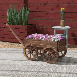Jardinera de Madera Exterior en Forma de Carrito con 4 Ruedas y Mango para Balcón Jardín Patio 120x41x54 cm Carb... - Ogal.Es