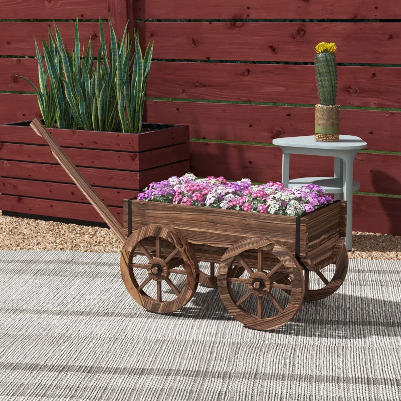Jardinera de Madera Exterior en Forma de Carrito con 4 Ruedas y Mango para Balcón Jardín Patio 120x41x54 cm Carb... - Ogal.Es