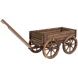 Jardinera de Madera Exterior en Forma de Carrito con 4 Ruedas y Mango para Balcón Jardín Patio 120x41x54 cm Carb... - Ogal.Es
