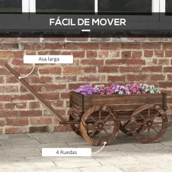 Jardinera de Madera Exterior en Forma de Carrito con 4 Ruedas y Mango para Balcón Jardín Patio 120x41x54 cm Carb... - Ogal.Es