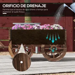 Jardinera de Madera Exterior en Forma de Carrito con 4 Ruedas y Mango para Balcón Jardín Patio 120x41x54 cm Carb... - Ogal.Es