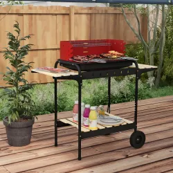 Barbacoa de Carbón con Ruedas Parrilla Ajustable en Altura Estantes y 6 Ganchos 103x47x95 cm Rojo y Negro - Ogal.Es