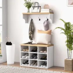 Recibidor con Perchero y Banco Zapatero Muebles de Entrada con 3 Ganchos y Estantes para 9 Pares de Zapatos Blanco - Ogal.Es