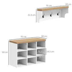 Recibidor con Perchero y Banco Zapatero Muebles de Entrada con 3 Ganchos y Estantes para 9 Pares de Zapatos Blanco - Ogal.Es