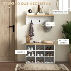 Recibidor con Perchero y Banco Zapatero Muebles de Entrada con 3 Ganchos y Estantes para 9 Pares de Zapatos Blanco - Ogal.Es