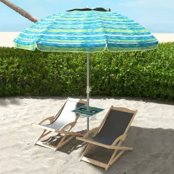 Sombrilla de Playa Ø190x215 cm con Reclinación 45° Altura Ajustable y Mesa con Portavasos Anti-UV Impermeable Mu... - Ogal.Es