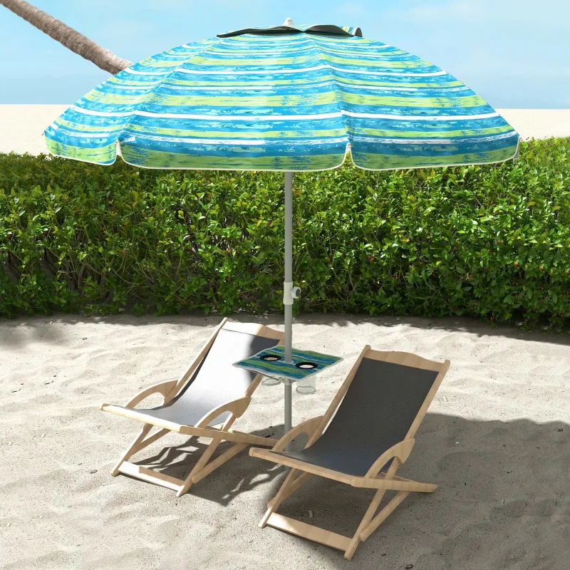 Sombrilla de Playa Ø190x215 cm con Reclinación 45° Altura Ajustable y Mesa con Portavasos Anti-UV Impermeable Mu... - Ogal.Es