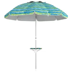 Sombrilla de Playa Ø190x215 cm con Reclinación 45° Altura Ajustable y Mesa con Portavasos Anti-UV Impermeable Mu... - Ogal.Es