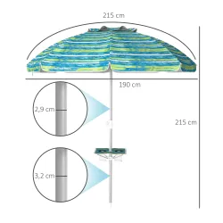 Sombrilla de Playa Ø190x215 cm con Reclinación 45° Altura Ajustable y Mesa con Portavasos Anti-UV Impermeable Mu... - Ogal.Es