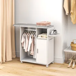 Mueble de Planchar con Ruedas Barra para Colgar Ropa Estante Abierto y Tablero Plegable 127x42,5x99 cm Blanco - Ogal.Es