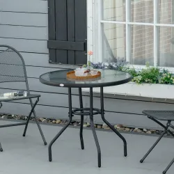 Mesa de Exterior Ø80x72 cm con Agujero para Sombrilla y Encimera de Vidrio Templado para Patio Terraza Negro - Ogal.Es