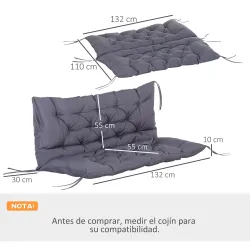 Cojín para Banco de Jardín o para Balancín de Jardín 132x110x10 cm de 2 Plazas con 6 Cordones de Fijación Gris O... - Ogal.Es