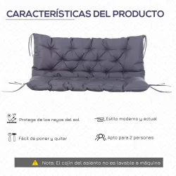 Cojín para Banco de Jardín o para Balancín de Jardín 132x110x10 cm de 2 Plazas con 6 Cordones de Fijación Gris O... - Ogal.Es