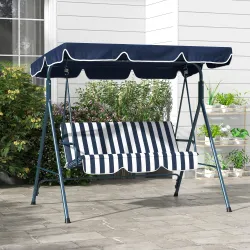 Columpio Balancín de Jardín de 3 Plazas con Cojín Techo Ajustable y Marco de Acero 172x110x153 cm Rayas Azul y B... - Ogal.Es