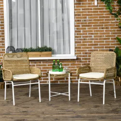 Juego de 3 Piezas Sillas y Mesa de Ratán con 2 Sillas 1 Mesa de Centro y Cojines para Terraza Patio Natural - Ogal.Es