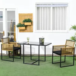Set de Mesa de Cristal y 2 Sillas de Ratán Sintético con Respaldos Plegables Diseño Anidado con Cojines Natural ... - Ogal.Es