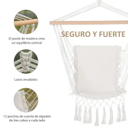 Silla Colgante con Borlas Carga 120 kg Silla Columpio de Algodón Estilo Moderno para Interior y Exterior Blanco - Ogal.Es