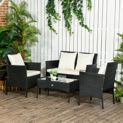 Conjunto de Jardín de Ratán Sintético con 2 Sillones 1 Sofá de 2 Plazas 1 Mesa de Centro y Cojines Negro y Crema - Ogal.Es