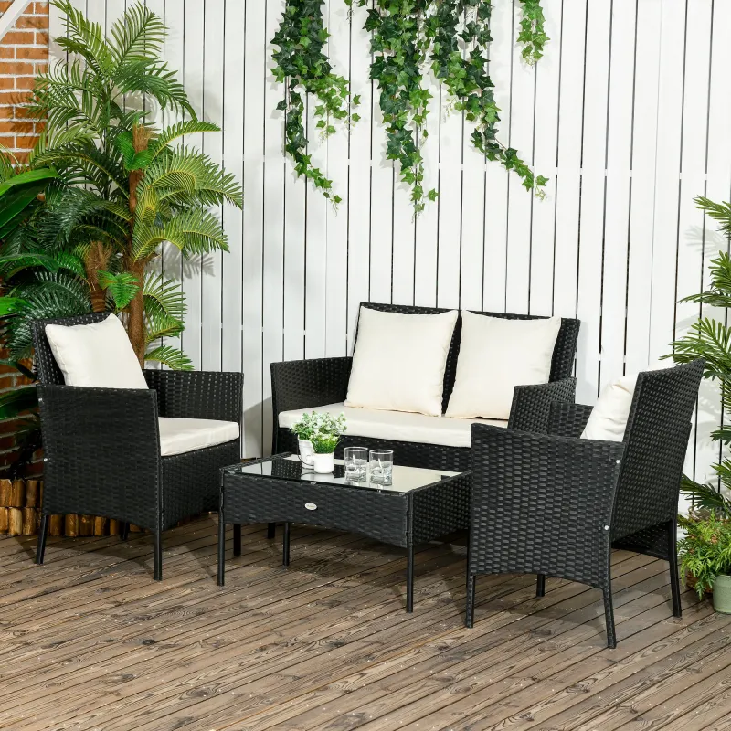 Conjunto de Jardín de Ratán Sintético con 2 Sillones 1 Sofá de 2 Plazas 1 Mesa de Centro y Cojines Negro y Crema - Ogal.Es