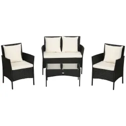 Conjunto de Jardín de Ratán Sintético con 2 Sillones 1 Sofá de 2 Plazas 1 Mesa de Centro y Cojines Negro y Crema - Ogal.Es