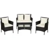 Conjunto de Jardín de Ratán Sintético con 2 Sillones 1 Sofá de 2 Plazas 1 Mesa de Centro y Cojines Negro y Crema - Ogal.Es