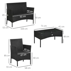 Conjunto de Jardín de Ratán Sintético con 2 Sillones 1 Sofá de 2 Plazas 1 Mesa de Centro y Cojines Negro y Crema - Ogal.Es