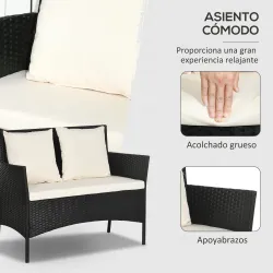 Conjunto de Jardín de Ratán Sintético con 2 Sillones 1 Sofá de 2 Plazas 1 Mesa de Centro y Cojines Negro y Crema - Ogal.Es