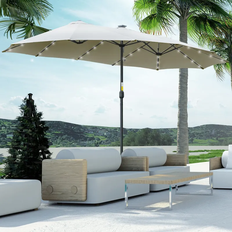Sombrilla Doble 450x265x240 cm con 48 Luces LED Manivela Protección Solar para Terraza Balcón Piscina Gris Claro - Ogal.Es