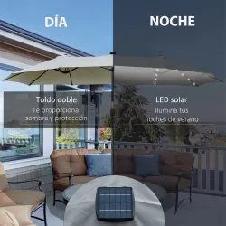Sombrilla Doble 450x265x240 cm con 48 Luces LED Manivela Protección Solar para Terraza Balcón Piscina Gris Claro - Ogal.Es