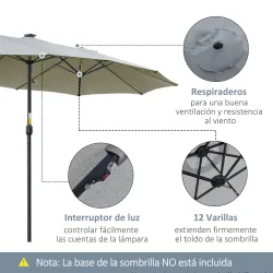 Sombrilla Doble 450x265x240 cm con 48 Luces LED Manivela Protección Solar para Terraza Balcón Piscina Gris Claro - Ogal.Es