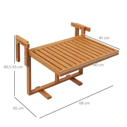 Mesa Colgante para Balcón Plegable de Madera con Altura Ajustable en 4 Niveles Carga 20 kg 68x65x40,5-55 cm Natural - Ogal.Es