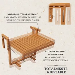 Mesa Colgante para Balcón Plegable de Madera con Altura Ajustable en 4 Niveles Carga 20 kg 68x65x40,5-55 cm Natural - Ogal.Es