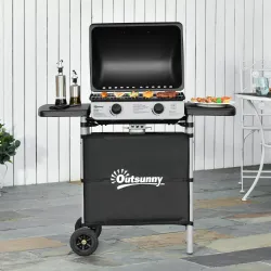 Barbacoa de Gas con 2 Quemadores 5,6 KW 2 Ruedas 2 Mesas Laterales y Parrillas de Acero 104x49x99 cm Negro - Ogal.Es