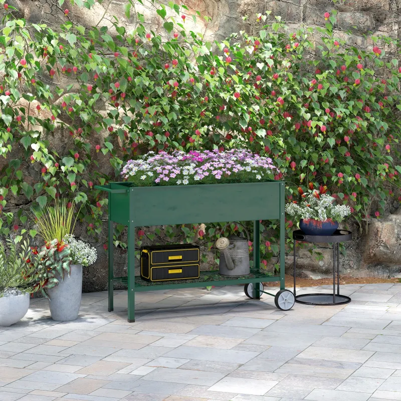 Huerto Urbano Elevado 109x44x80 cm con 2 Ruedas Estante y Asa para Cultivo Plantas Flores Verduras Verde - Ogal.Es