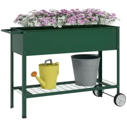 Huerto Urbano Elevado 109x44x80 cm con 2 Ruedas Estante y Asa para Cultivo Plantas Flores Verduras Verde - Ogal.Es