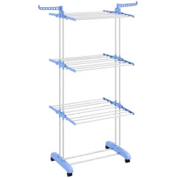 Tendedero Vertical Plegable con Ruedas Tendedero de Ropa de 3 Niveles con Alas Plegables 125x64x172 cm Azul y Bl... - Ogal.Es