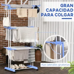 Tendedero Vertical Plegable con Ruedas Tendedero de Ropa de 3 Niveles con Alas Plegables 125x64x172 cm Azul y Bl... - Ogal.Es