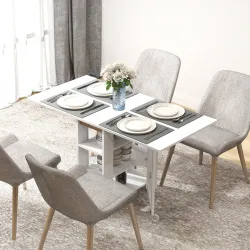 Mesa de Cocina Plegable con Alas Abatibles 2 Ruedas y Estantes Estilo Moderno 120x60x75 cm Blanco - Ogal.Es