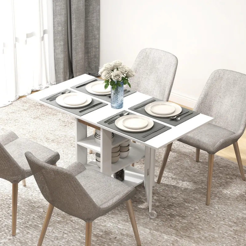 Mesa de Cocina Plegable con Alas Abatibles 2 Ruedas y Estantes Estilo Moderno 120x60x75 cm Blanco - Ogal.Es
