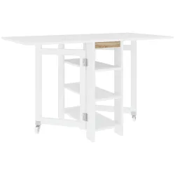 Mesa de Cocina Plegable con Alas Abatibles 2 Ruedas y Estantes Estilo Moderno 120x60x75 cm Blanco - Ogal.Es