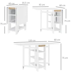 Mesa de Cocina Plegable con Alas Abatibles 2 Ruedas y Estantes Estilo Moderno 120x60x75 cm Blanco - Ogal.Es