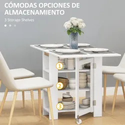 Mesa de Cocina Plegable con Alas Abatibles 2 Ruedas y Estantes Estilo Moderno 120x60x75 cm Blanco - Ogal.Es